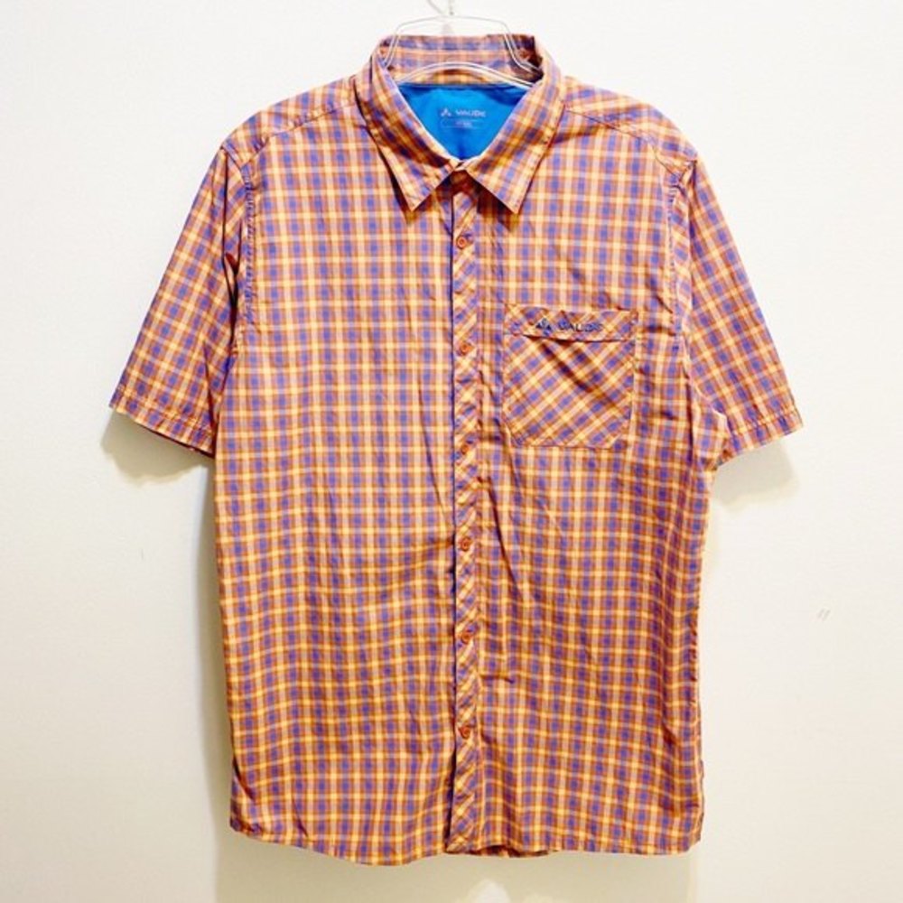 Vaude Men's Orange Blue Plaid Short Sleeve Button Up Shirt XXL